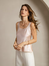 [Rosa] SilkSilky-NO 19Momme Ermeløs Dyp Rund Halsutringning Camisole Topp 006