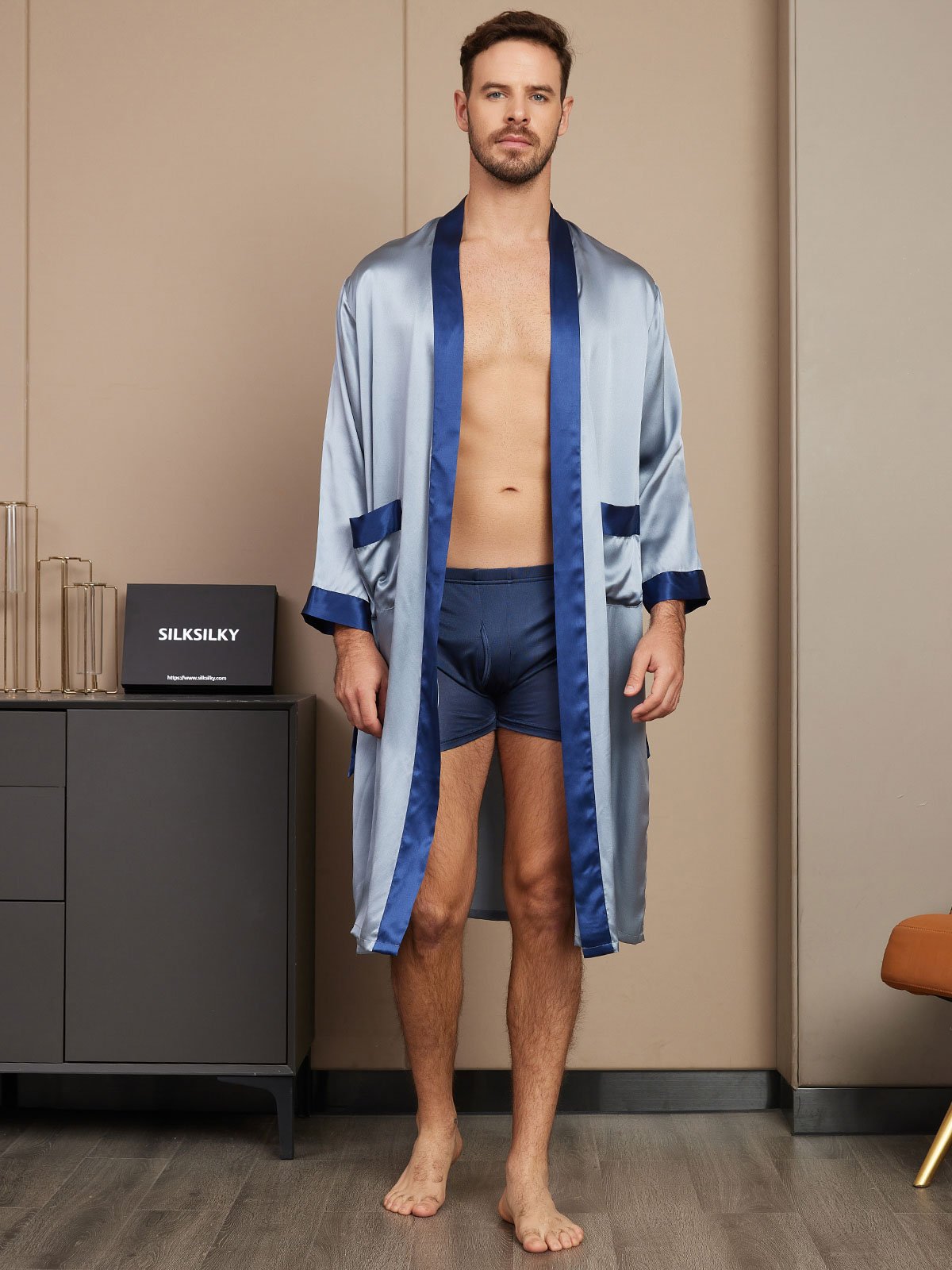 SilkSilky US Pure Silk Long Sleeve Mens Robe GrayishBlue 003