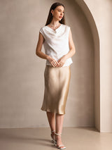 [Hvit] SilkSilky-NO Cap Sleeve Cowl Neck T-skjorte for Kvinner 007