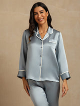 [Gråblå] SilkSilky-NO Long Sleeve Lapel Collar Pyjamas for Kvinner 009