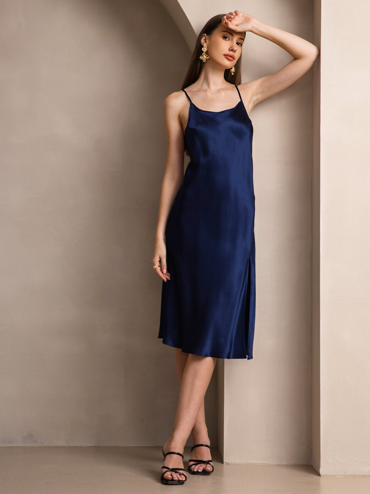 SilkSilky US Pure Silk Sleeveless Round Neck Dress DarkBlue 006