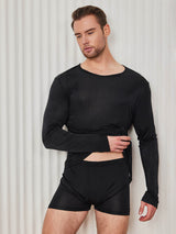 [Svart] SilkSilky-NO Long Sleeve Round Neck T-skjorte for Menn 004