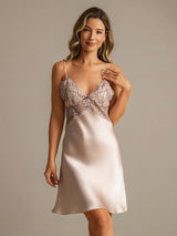 [Rosa] SilkSilky-NO Spaghetti Strap Deep V Neck Nattkjole 008