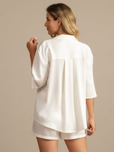 [Hvit] SilkSilky-NO 19Momme Halv erme Notchkrage Pyjamas for Kvinner 002