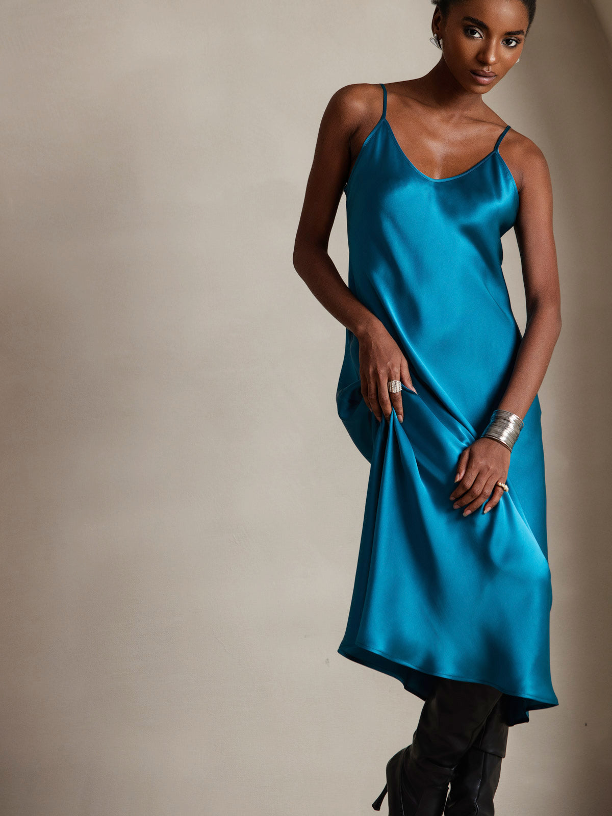 [Blågrønn] SilkSilky-NO Pure Silk Sleeveless Round Neck Kjole 003