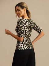 [Leopard] SilkSilky-NO Halv erme Dyp Rund Halsutringning T-skjorte for Kvinner 002