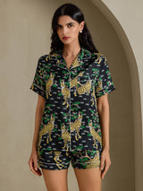 [Svart Serval] SilkSilky-NO Short Sleeve Notch Collar Pyjamas for Kvinner 001