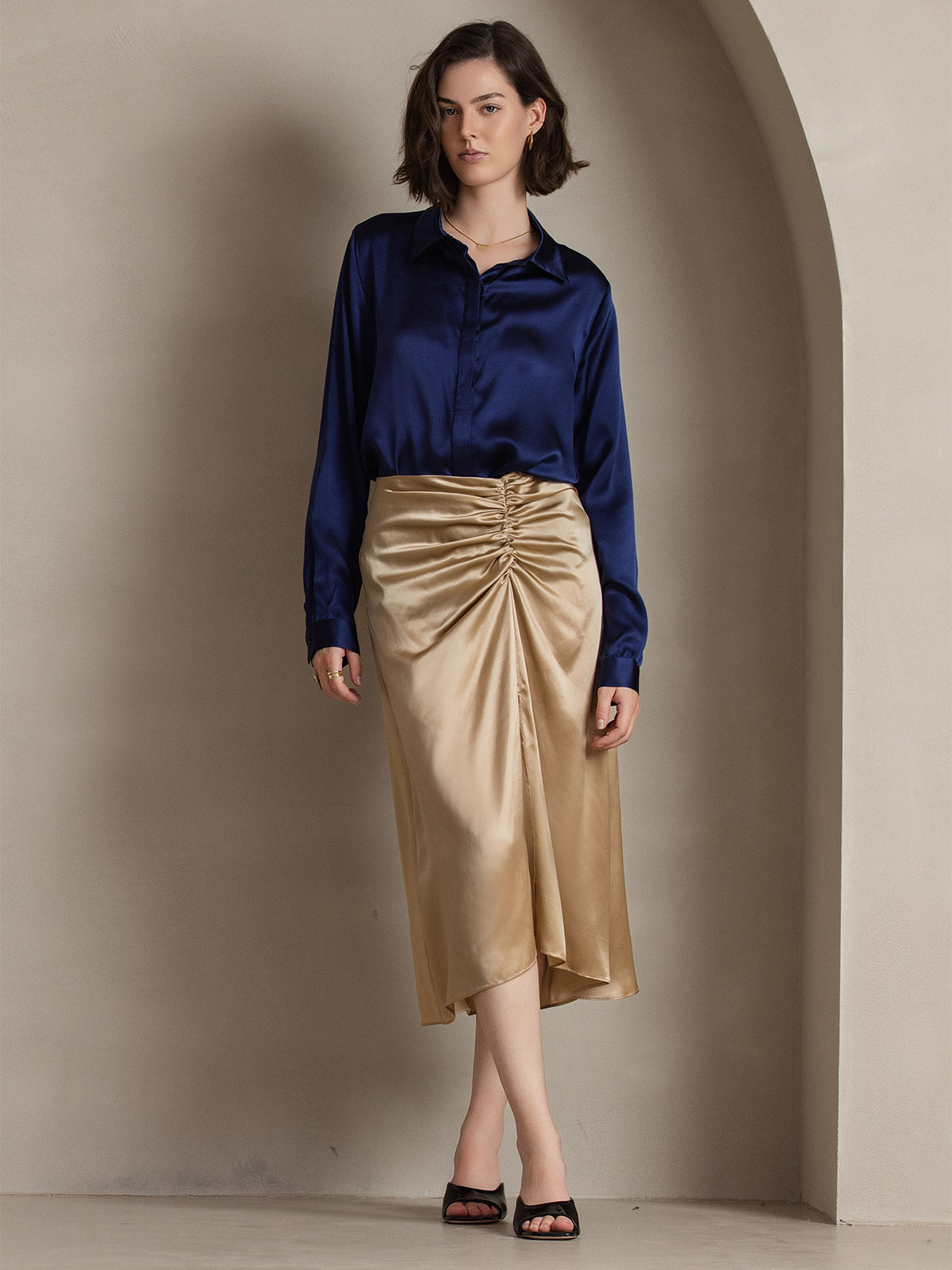 [Mørke blå] SilkSilky-NO 19Momme Silke Lapel Collar Skjorte for Kvinner 004