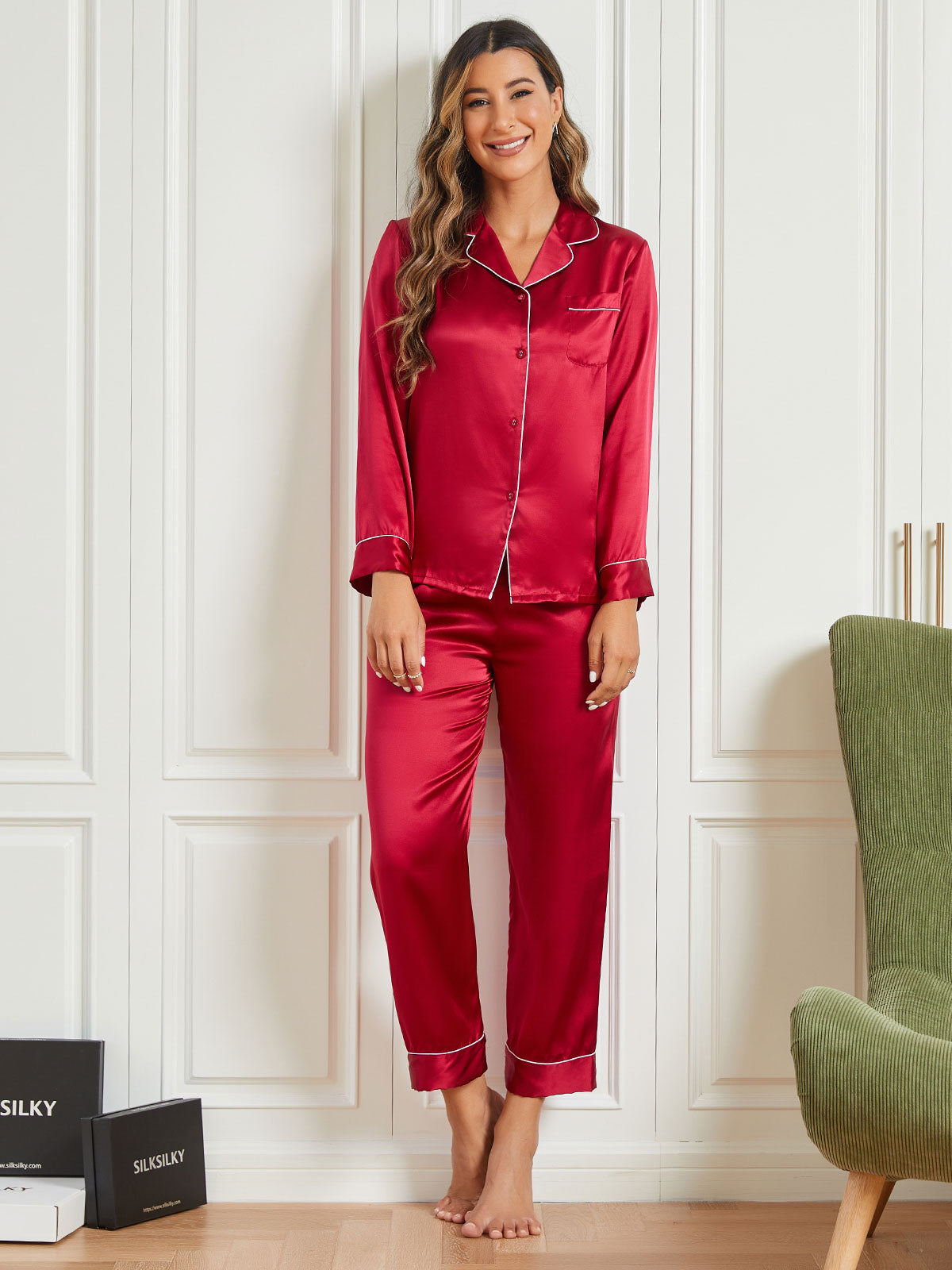 [Mørkerød] SilkSilky-NO Pure Silk Long Sleeve Lapel Pyjamas for Kvinner 004