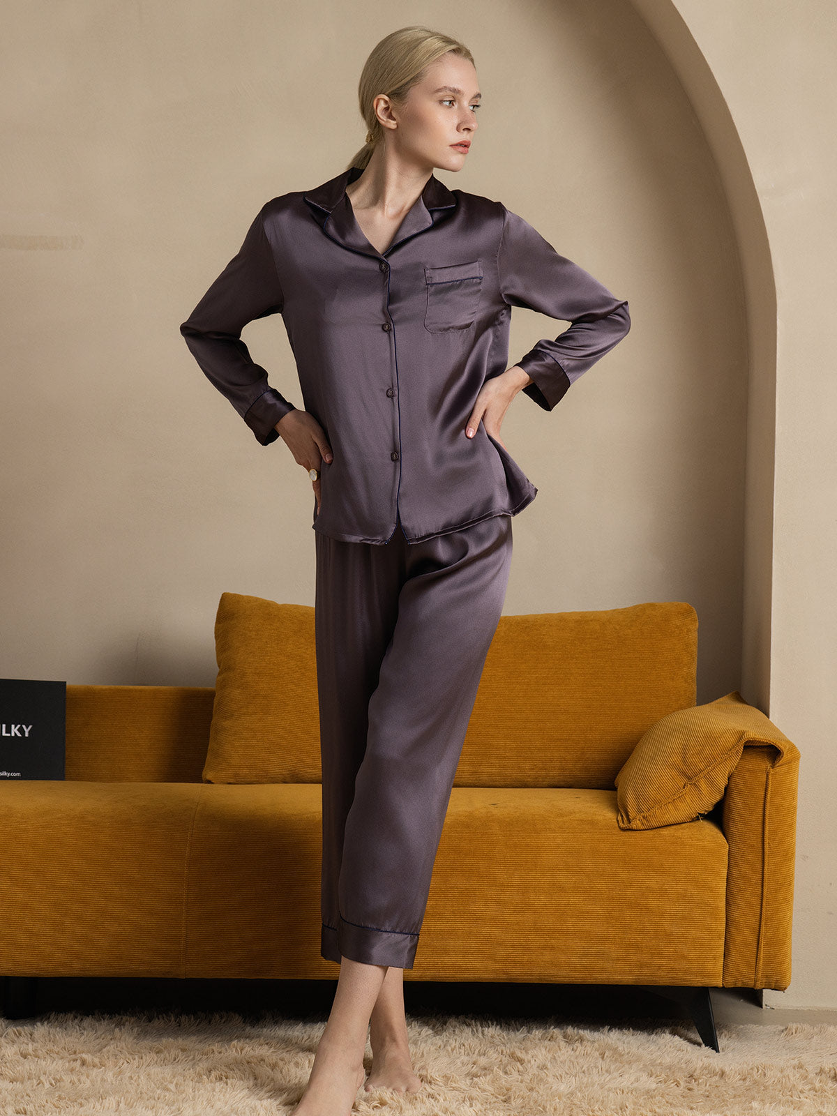 [Lilla Grå] SilkSilky-NO Pure Silk Long Sleeve Lapel Pyjamas for Kvinner 001