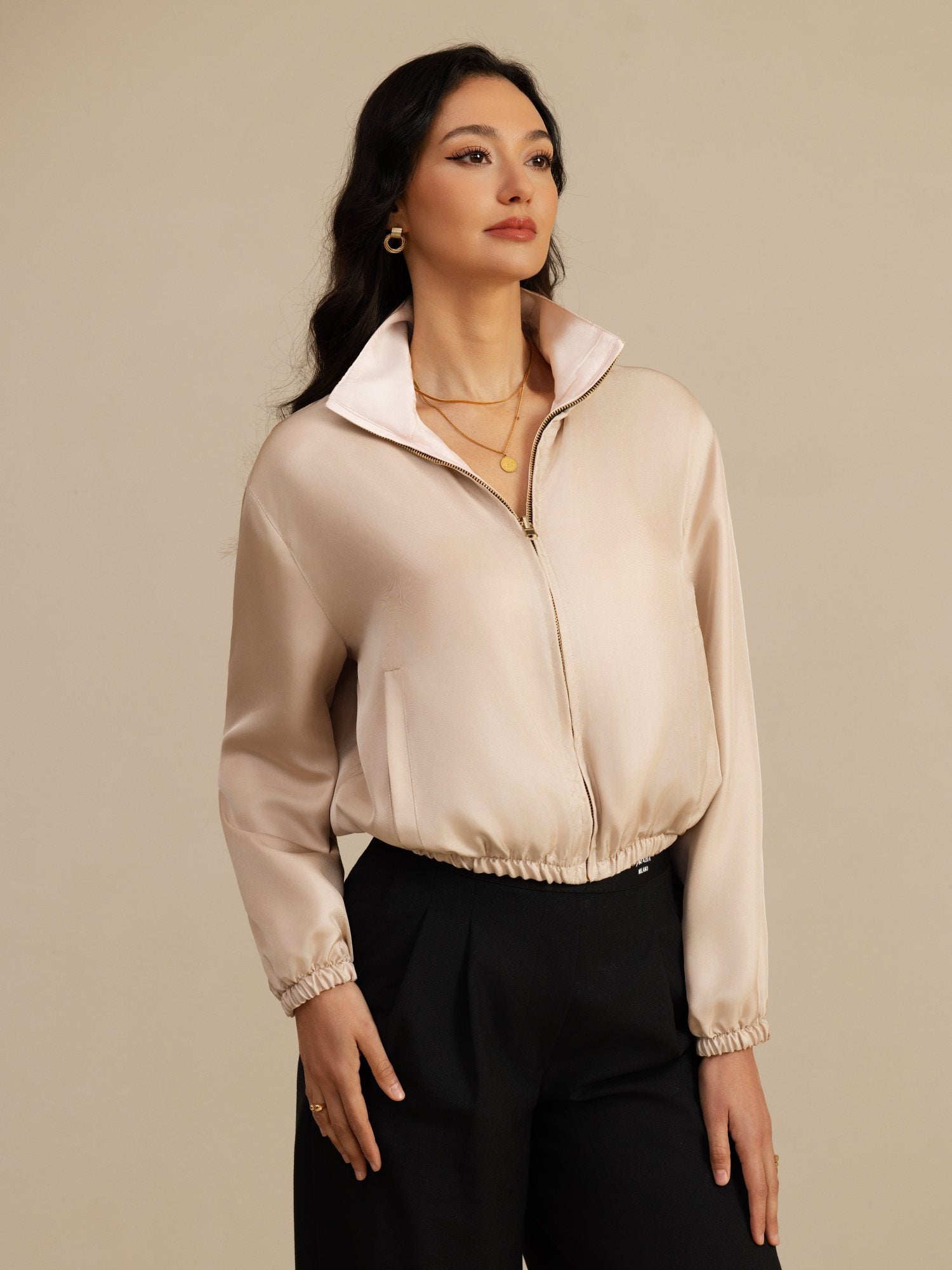 [Tan+Rosa] SilkSilky-NO 18Momme Langermet Ståkrave Yttertøy for Kvinner 003