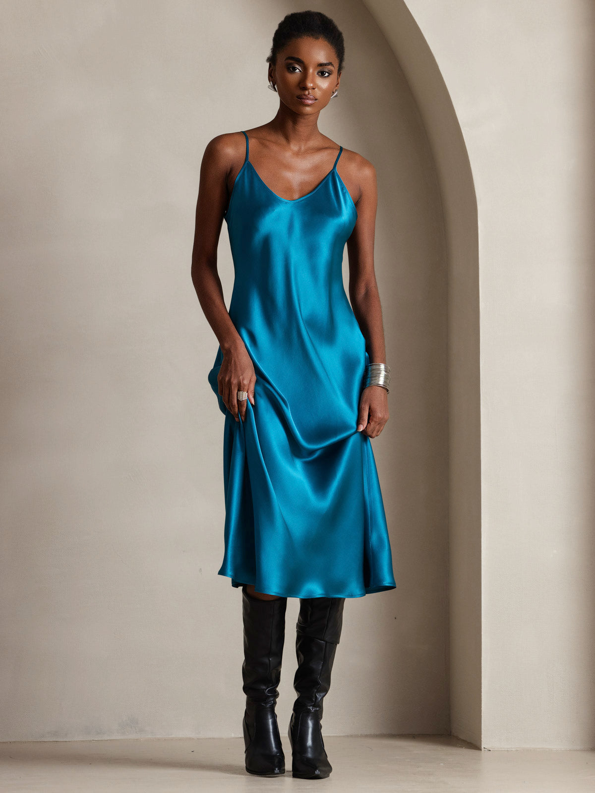 [Blågrønn] SilkSilky-NO Pure Silk Sleeveless Round Neck Kjole 004