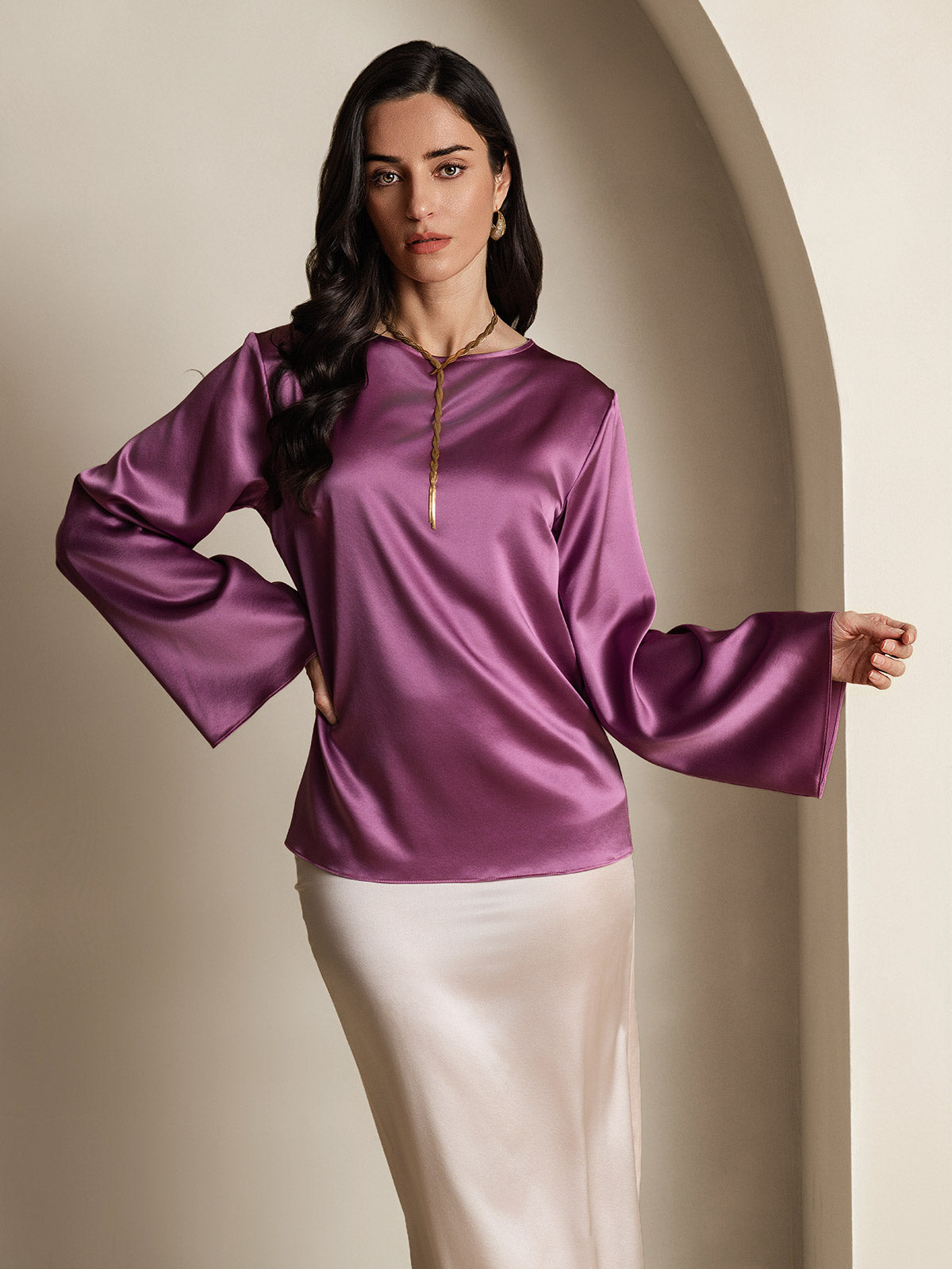 [Mørklilla] SilkSilky-NO 19Momme Silke Womens T-Shirt 003