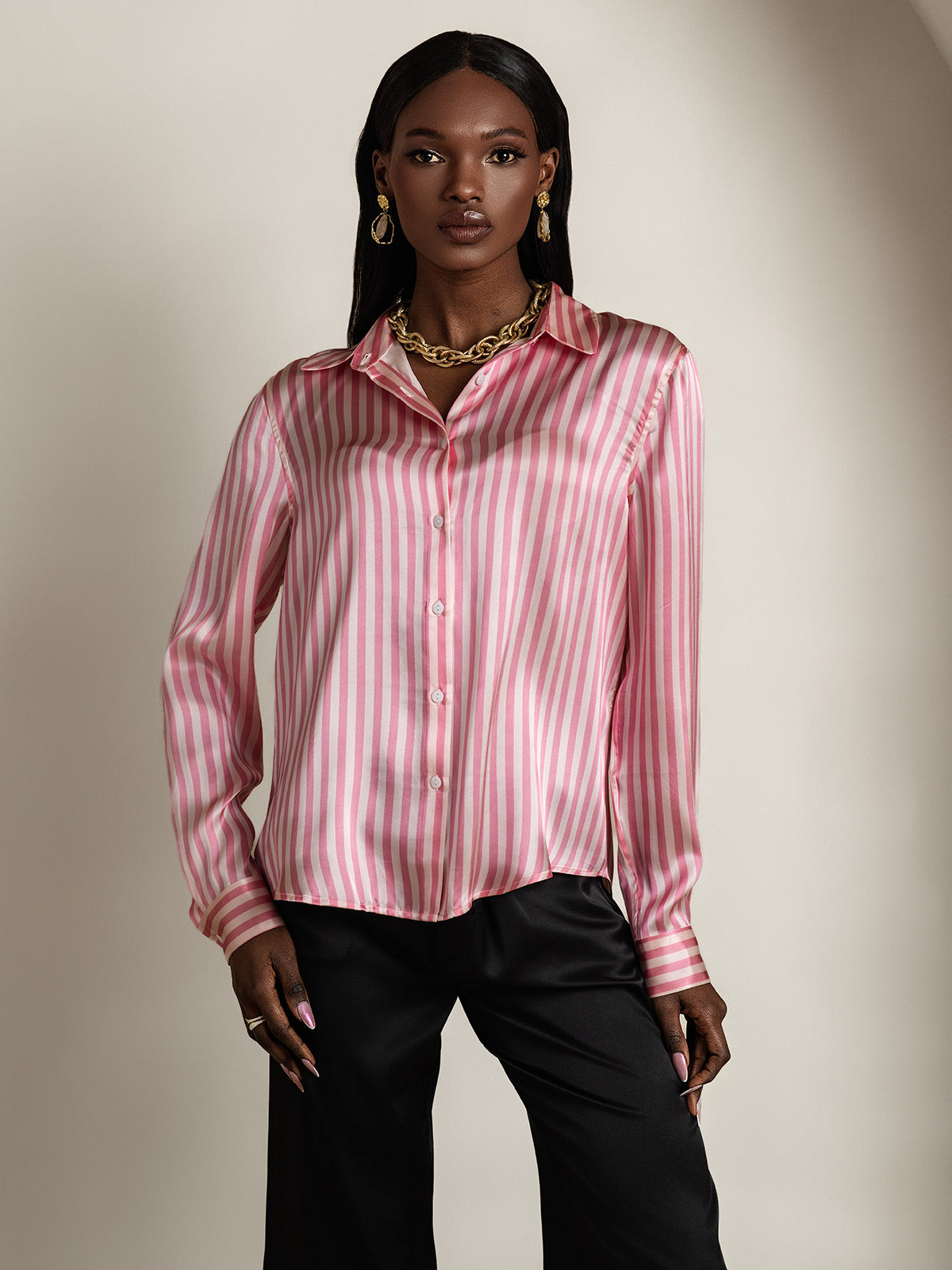 [Rosa] SilkSilky-NO Silke Long Sleeve Collar Skjorte for Kvinner 006