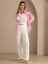 [Rosa Nålestripete] SilkSilky-NO Long Sleeve Lapel Collar Skjorte for Kvinner 007