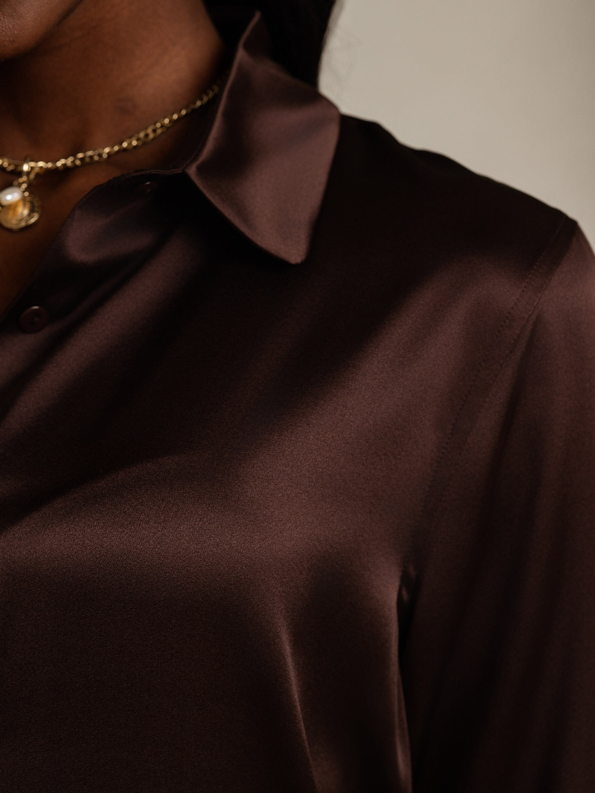 [Brun] SilkSilky-NO Silke Long Sleeve Collar Skjorte for Kvinner 008
