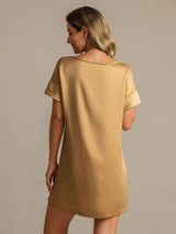 [Tan] SilkSilky-NO 19Momme Kort erm Rund Hals Nattkjole 002
