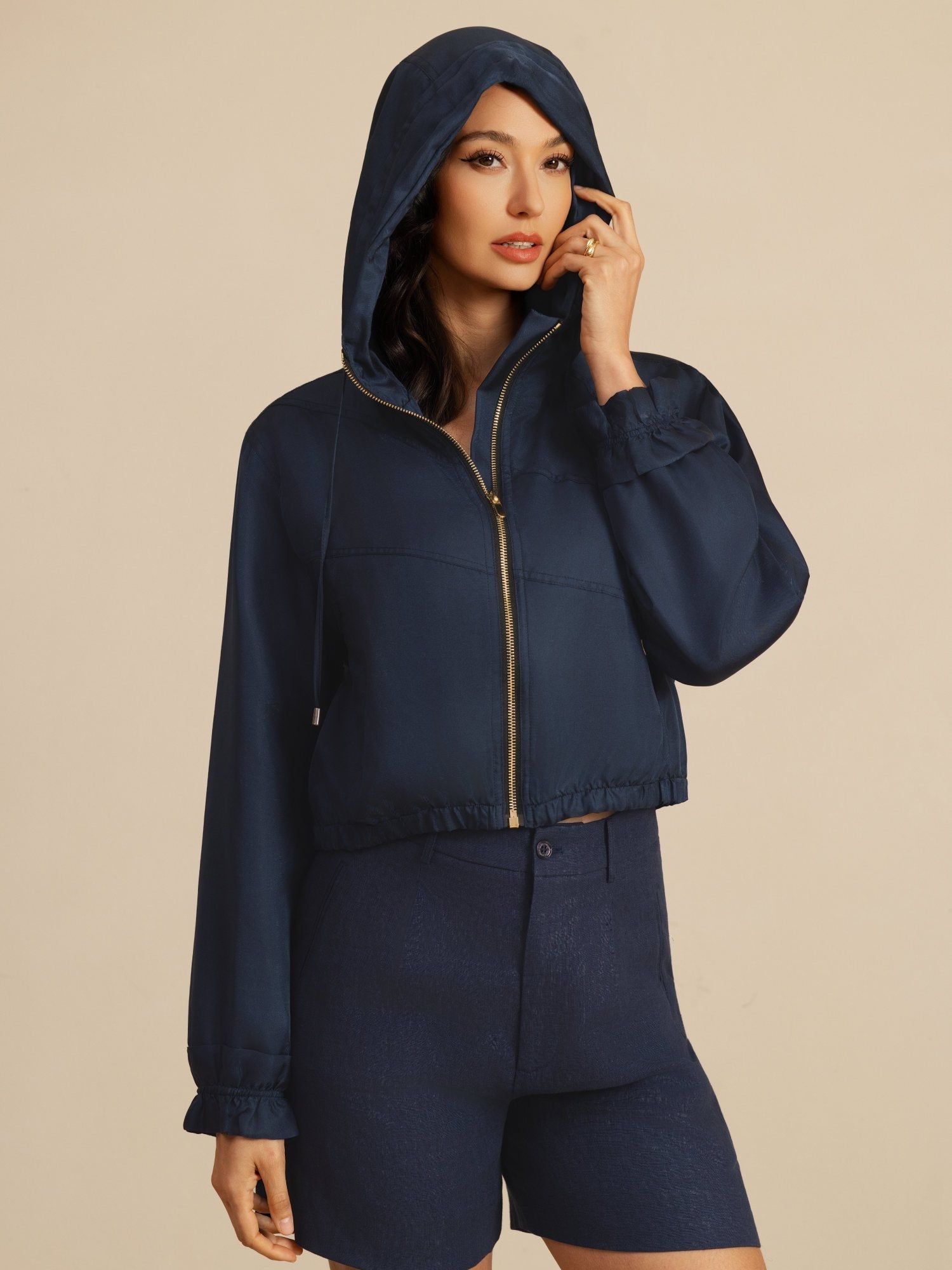 [Mørkeblå] SilkSilky-NO 18Momme Langermet Høy Hals Yttertøy for Kvinner 005