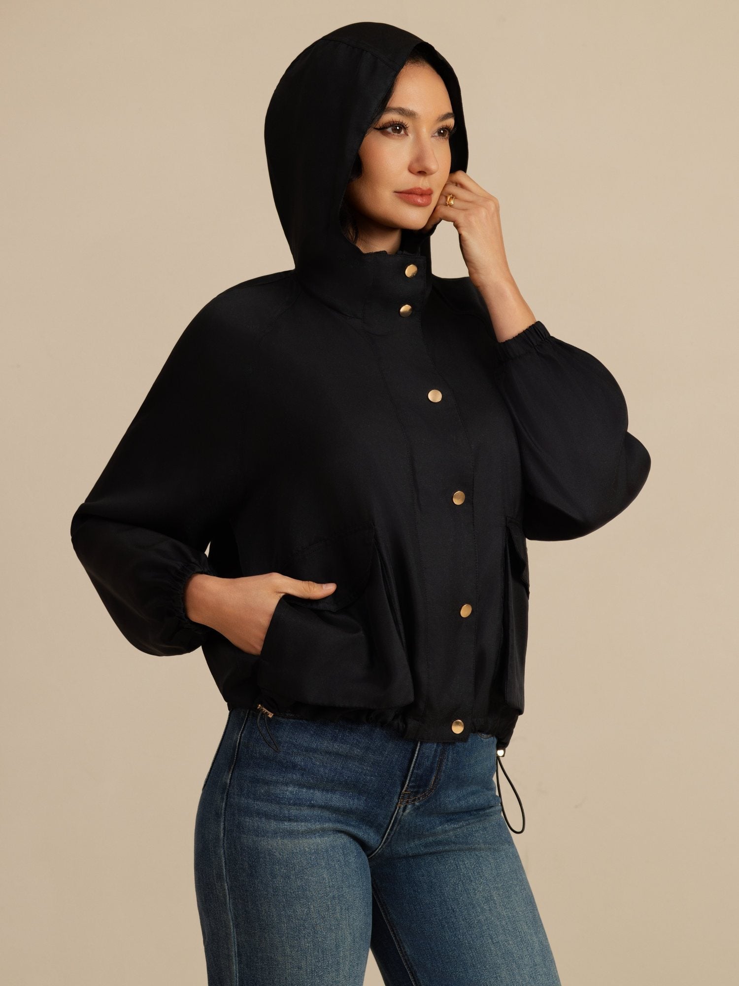 [Svart] SilkSilky-NO Langermet Høy Hals Yttertøy for Kvinner 001