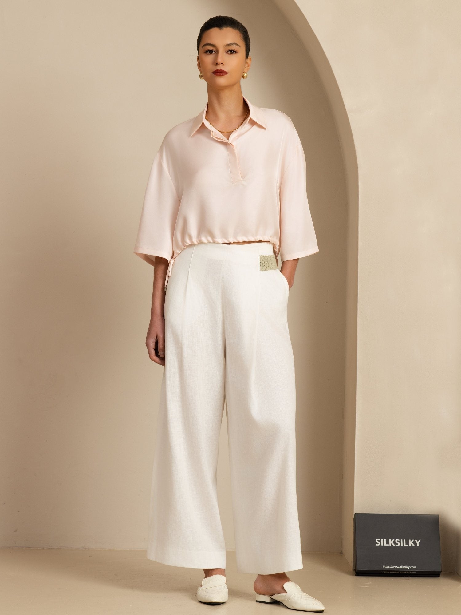 [Rosa] SilkSilky-NO 18Momme Halv erme Slagkrage Bluse 007