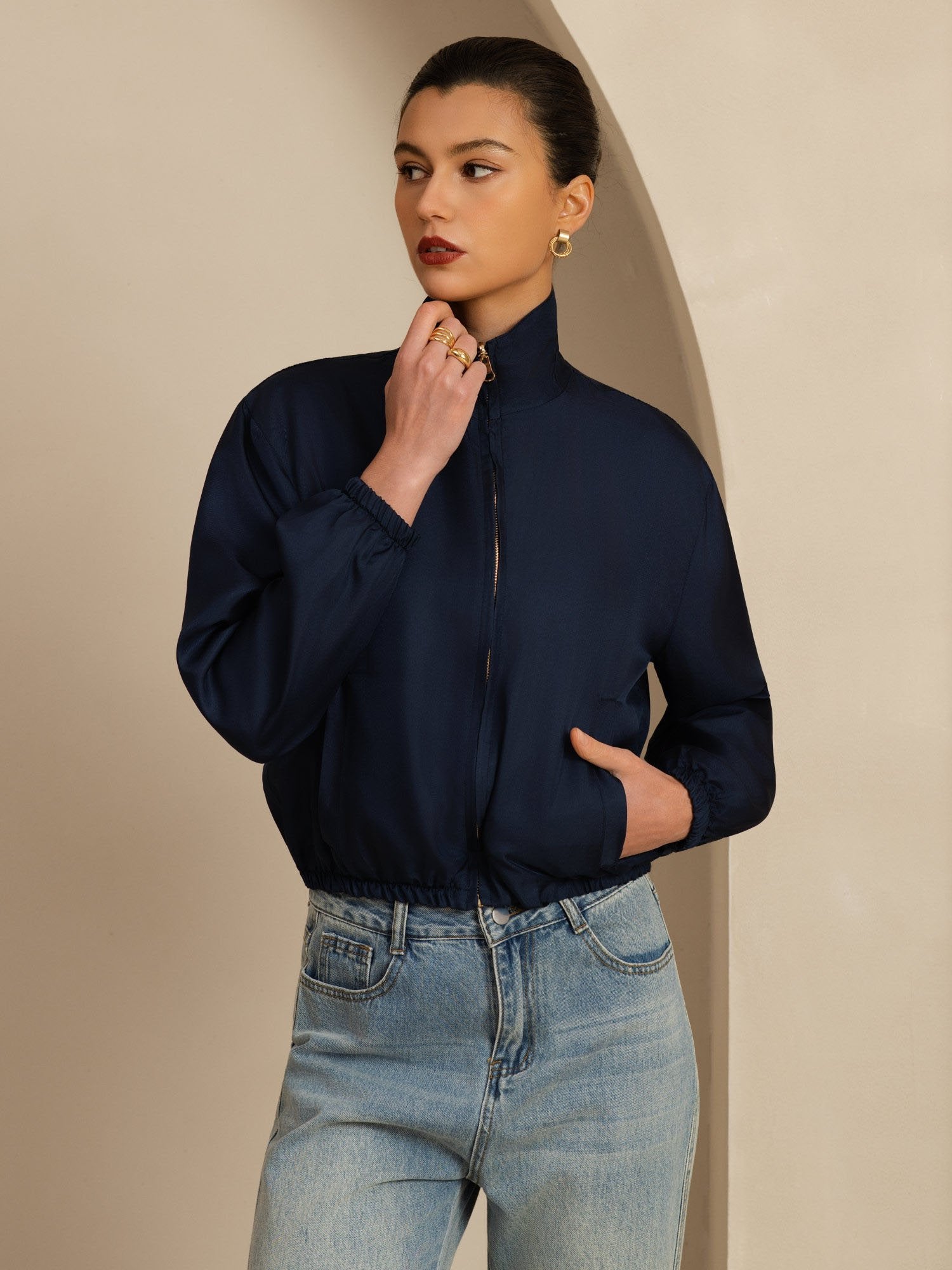 [Svart+Mørkeblå] SilkSilky-NO 18Momme Langermet Ståkrave Yttertøy for Kvinner 003