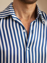 [Marine Stripe] SilkSilky-NO 19Momme Langermet Slagkrage Skjorte for Menn 006