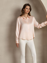 [Lyserosa] SilkSilky-NO Long Sleeve Lapel Collar Skjorte for Kvinner 007