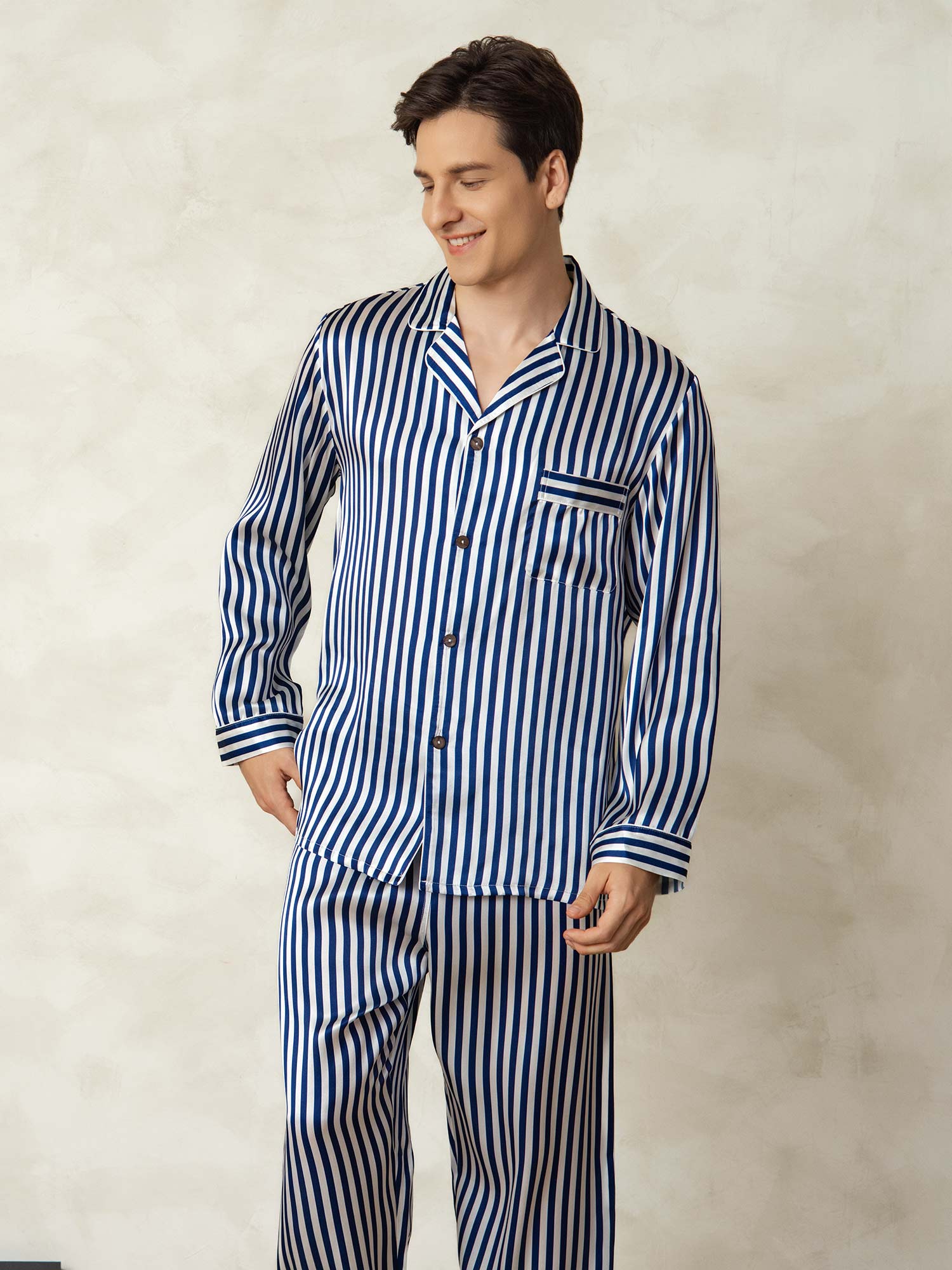 [Marine Stripe] SilkSilky-NO 19Momme Mens Pajamas 005