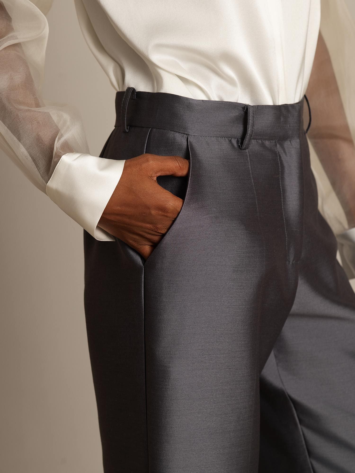 [Grå] SilkSilky-NO 32Momme Silk-Wool Blend Womens Pants 004,