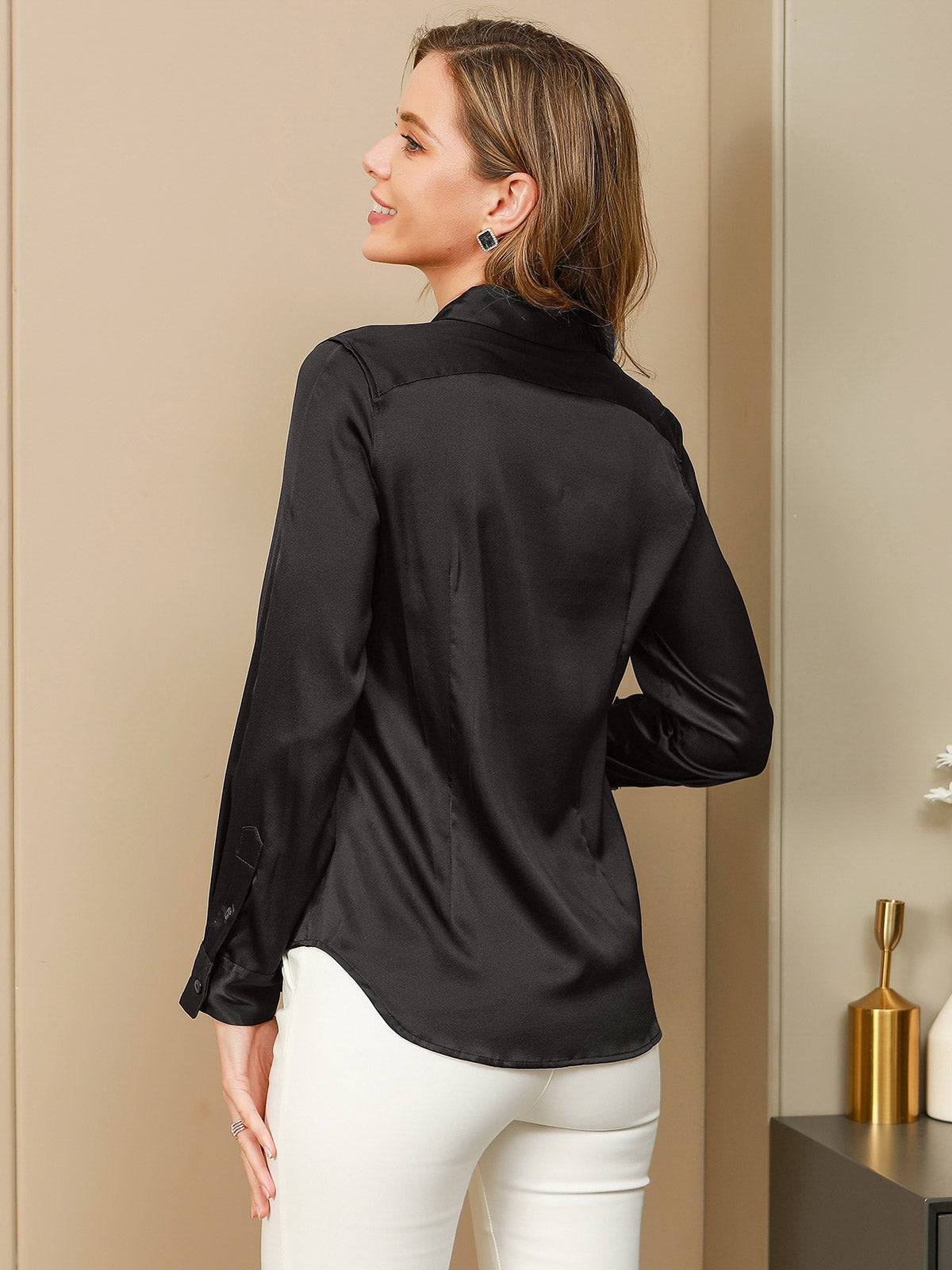 [Svart] SilkSilky-NO Silke Lapel Collar Skjorte for Kvinner 002