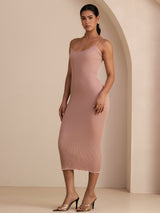 [Rosa] SilkSilky-NO Spaghetti Strap Boat Neck Kjole 004