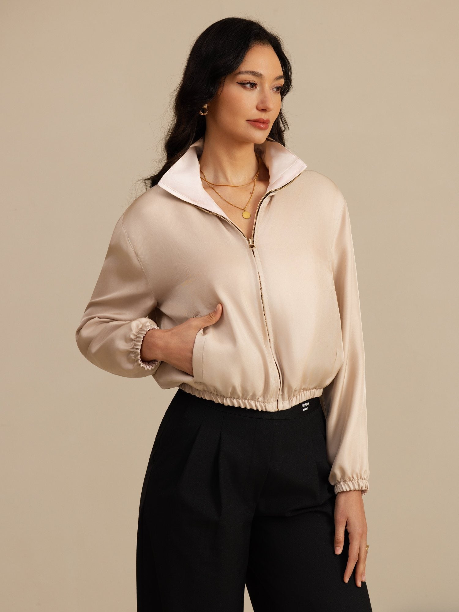 [Tan+Rosa] SilkSilky-NO 18Momme Langermet Ståkrave Yttertøy for Kvinner 001