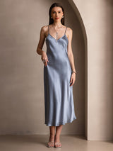 [Gråblå] SilkSilky-NO Spaghetti Strap V Neck Kjole 003