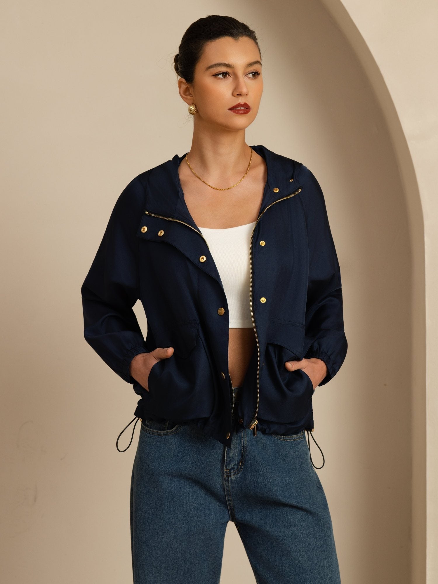 [Mørkeblå] SilkSilky-NO Langermet Høy Hals Yttertøy for Kvinner 001