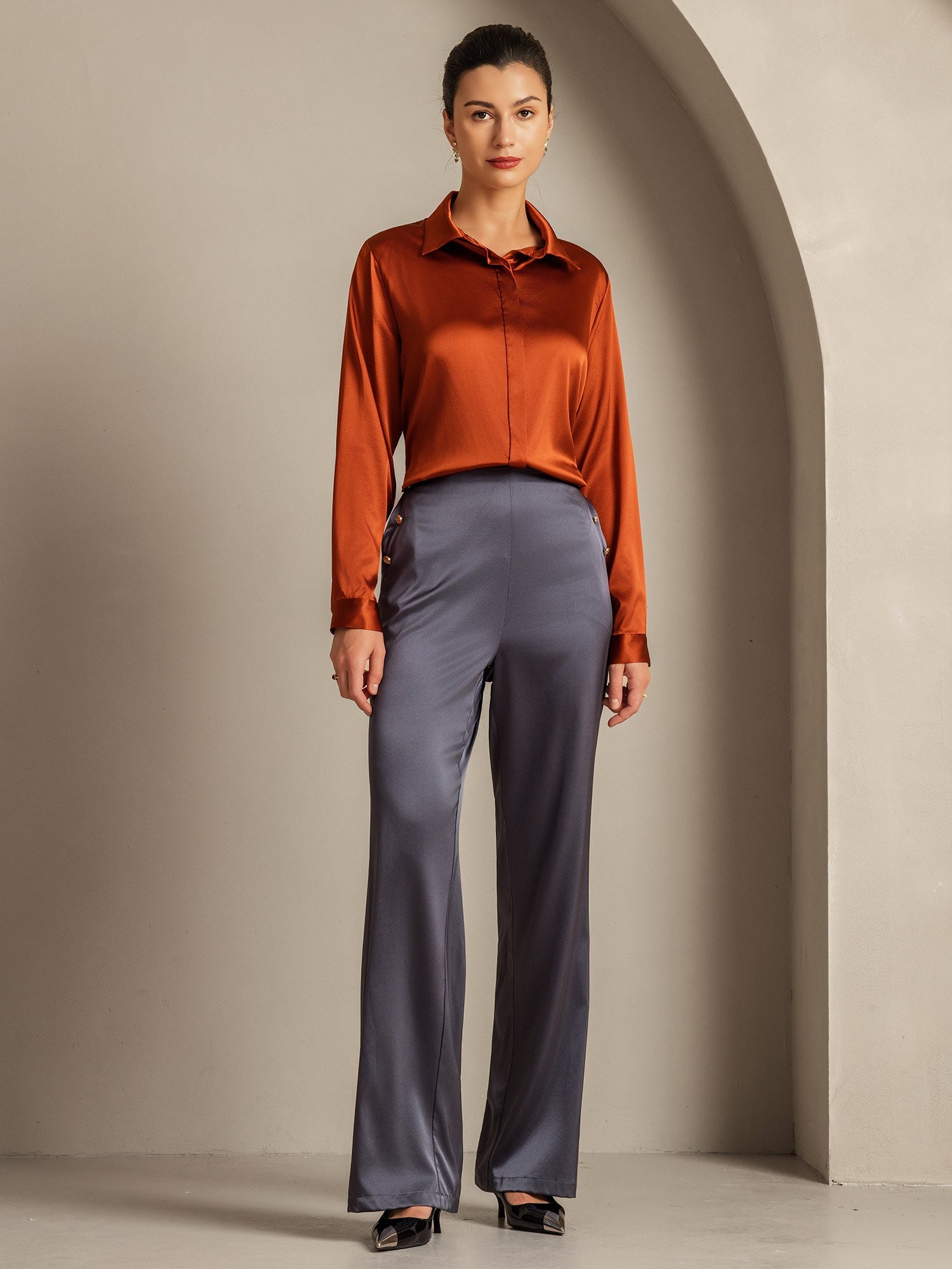 [Karamell] SilkSilky-NO 19Momme Silke Womens Shirt 008