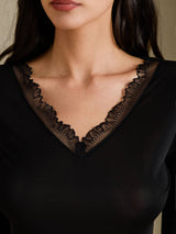 [Svart] SilkSilky-NO Long Sleeve V Neck Dame Langt Undertøy 005