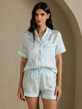[Himmelsblå Blomster] SilkSilky-NO Short Sleeve Notch Collar Pyjamas for Kvinner 004