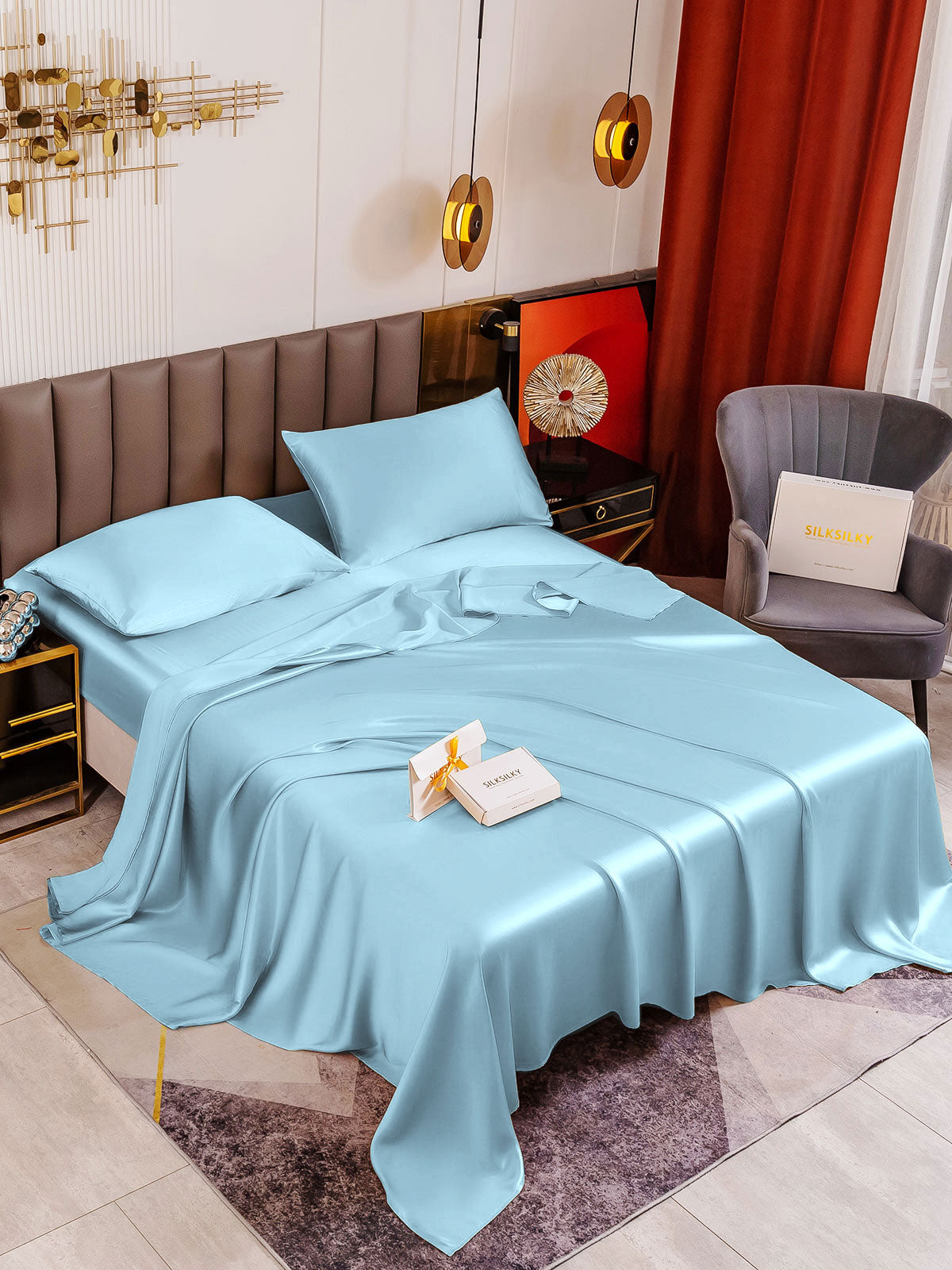 [Lyse Blå] SilkSilky-NO 19Momme Pure Silk Bedding Set 001