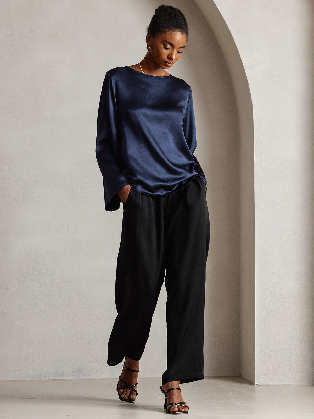 [Mørke blå] SilkSilky-NO 19Momme Silke Womens T-Shirt 004