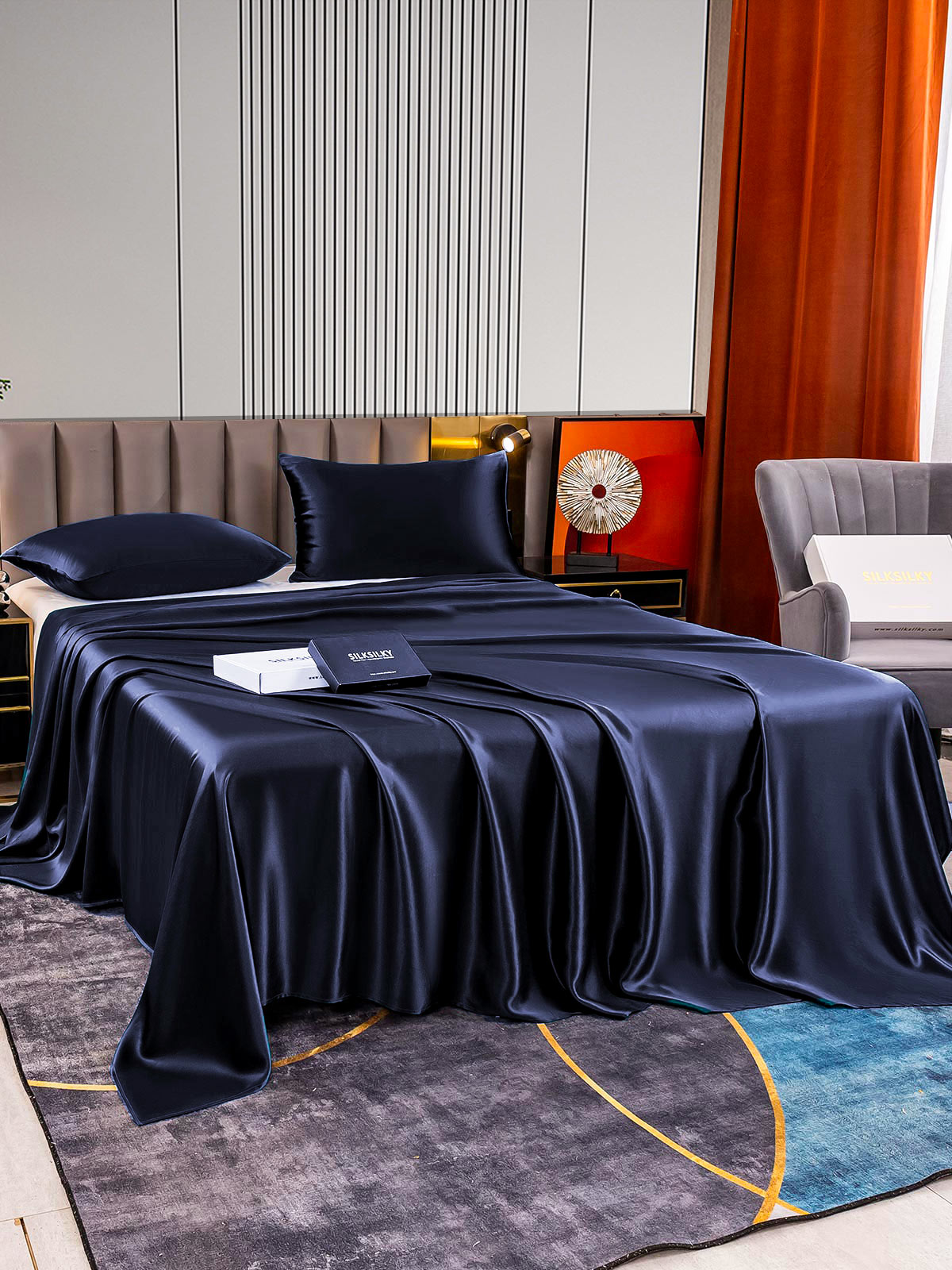 [Mørke blå] SilkSilky-NO 22Momme Bedding Set 003