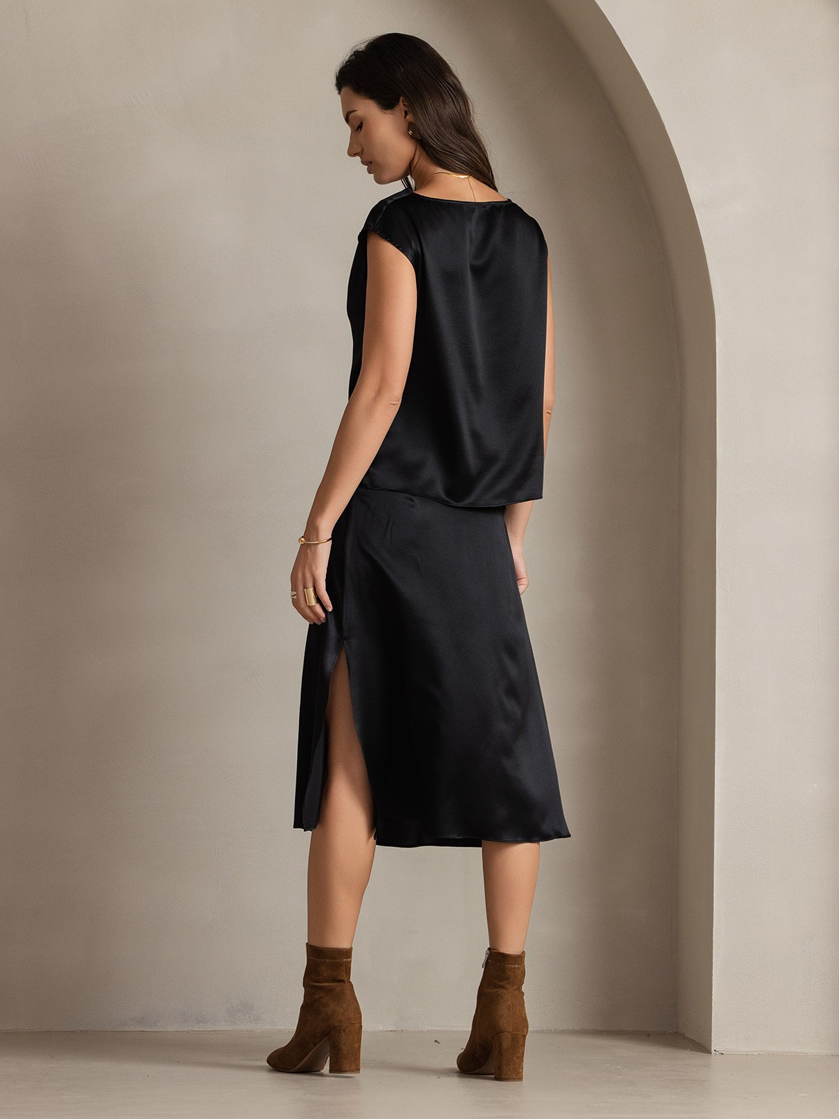 [Svart] SilkSilky-NO 19Momme Silke Cowl Neck T-skjorte for Kvinner 002