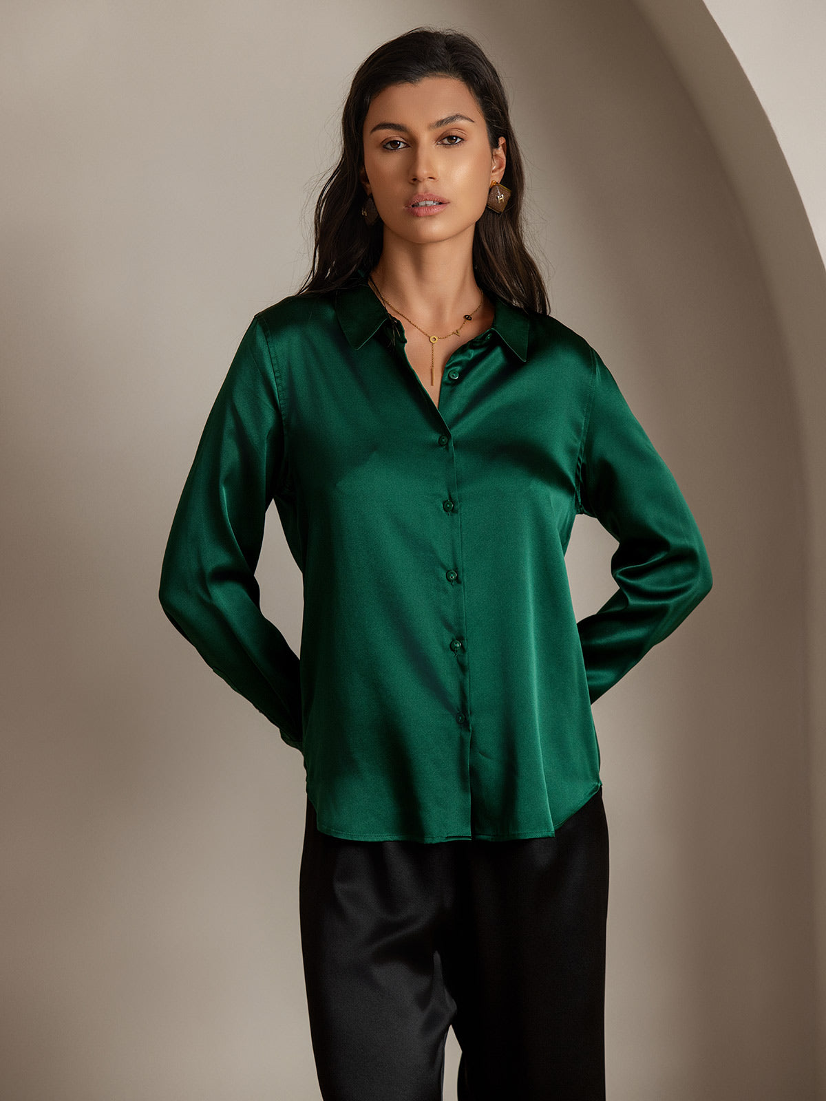 SilkSilky  Silk Blend Long Sleeve Collar Women's Shirt DarkGreen 006