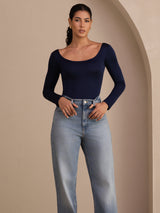 [Mørke blå] SilkSilky-NO Long Sleeve U-hals T-skjorte for Kvinner 004