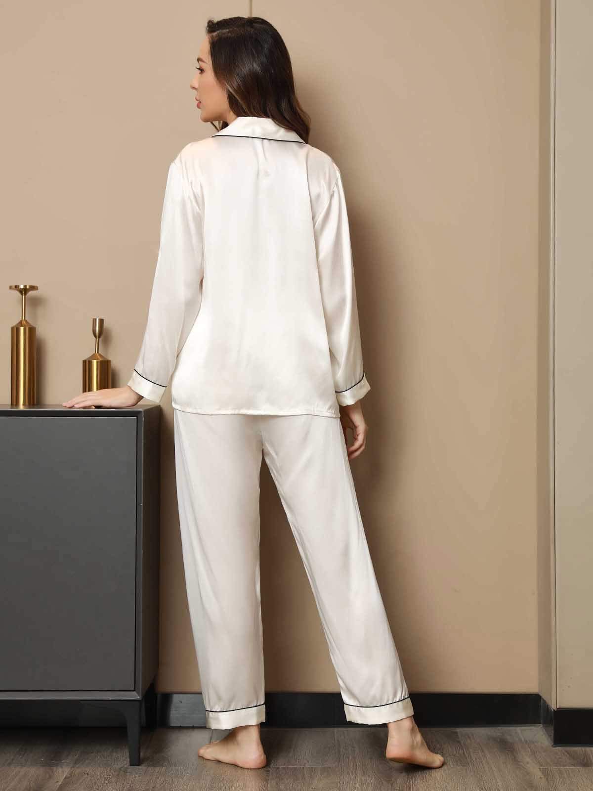 [Hvit] SilkSilky-NO Pure Silk Long Sleeve Lapel Pyjamas for Kvinner 002