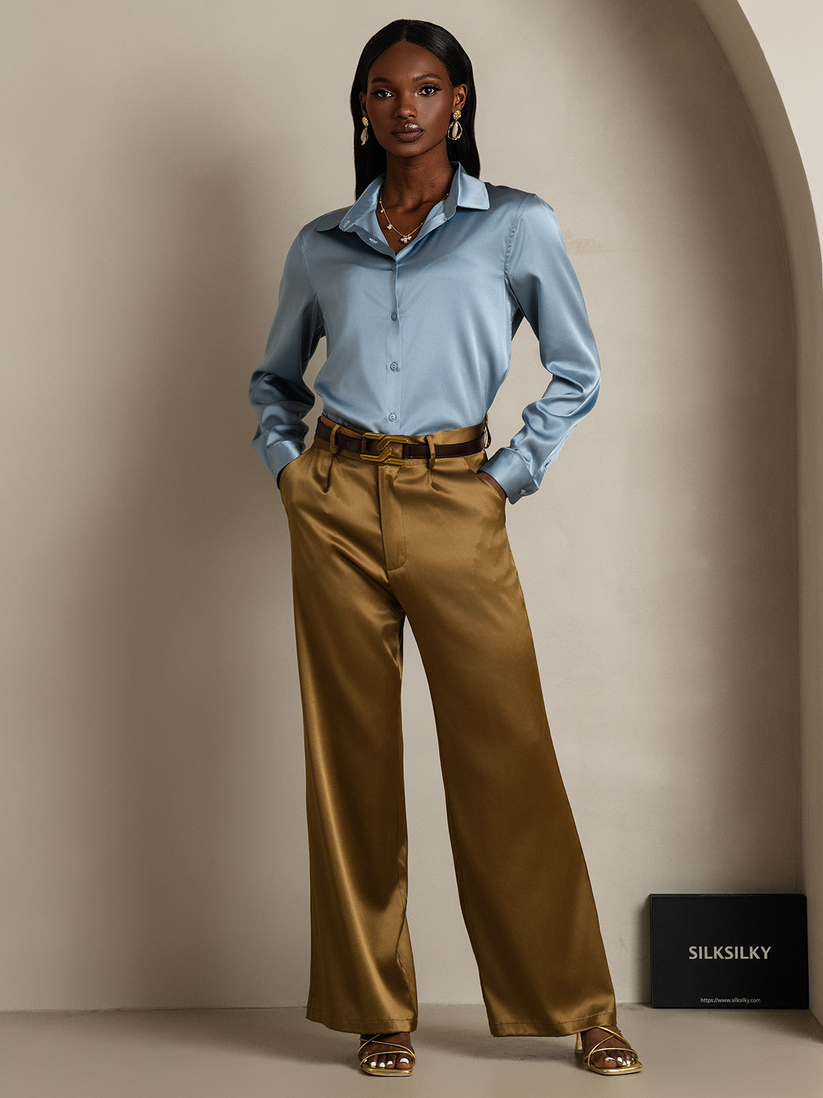 [Gråblå] SilkSilky-NO Silke Lapel Collar Skjorte for Kvinner 005