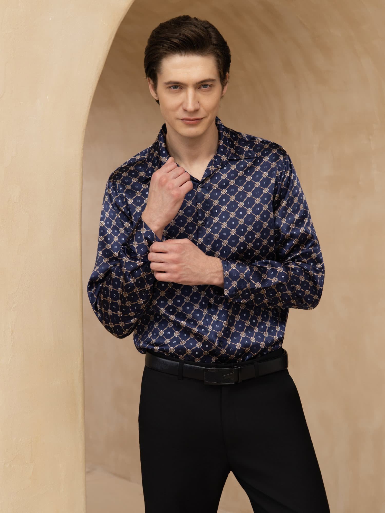 [Marine Kjede] SilkSilky-NO Langermet Slagkrage Skjorte for Menn 004