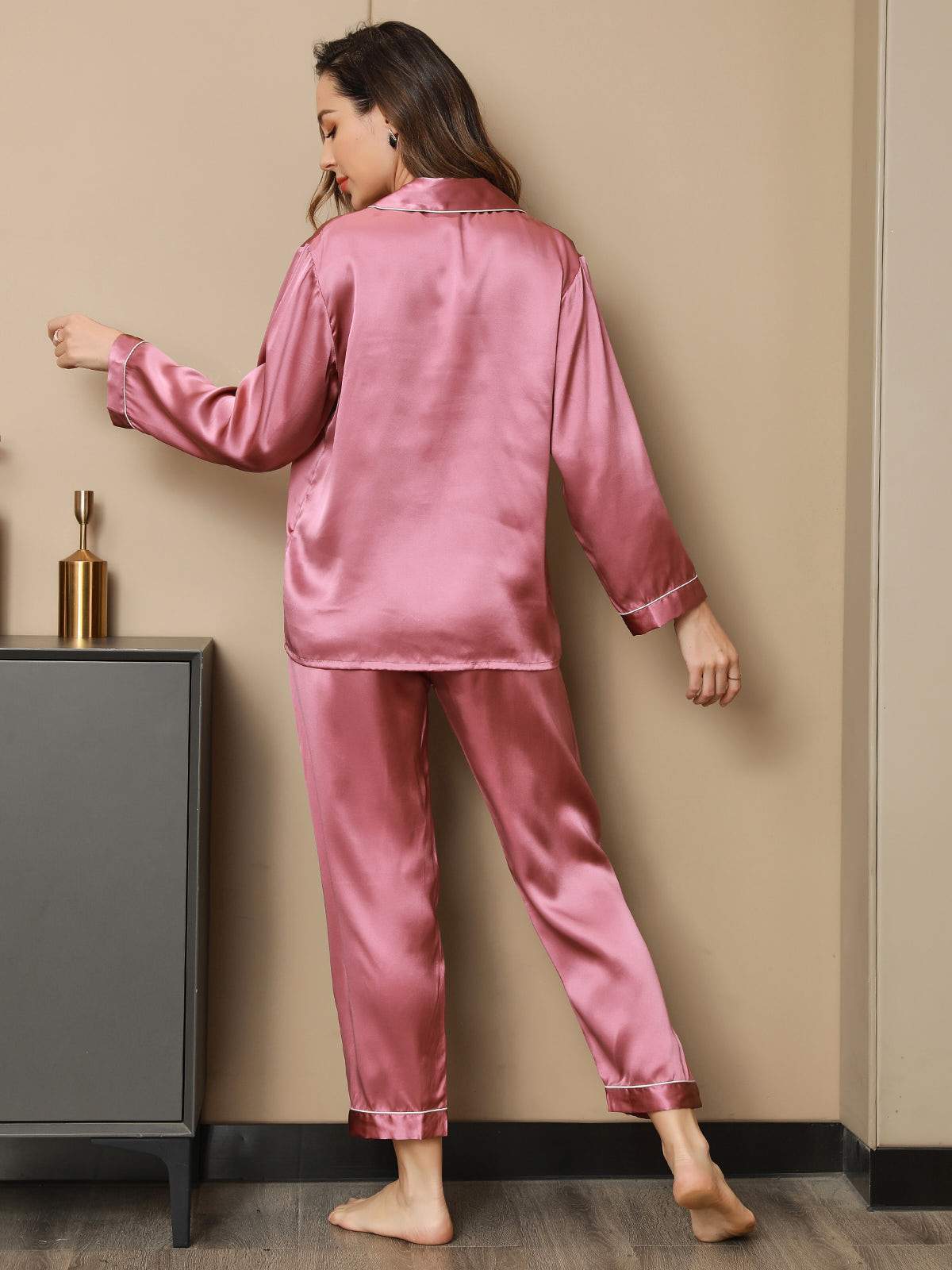[Blek Mauve] SilkSilky-NO Pure Silk Long Sleeve Lapel Pyjamas for Kvinner 002