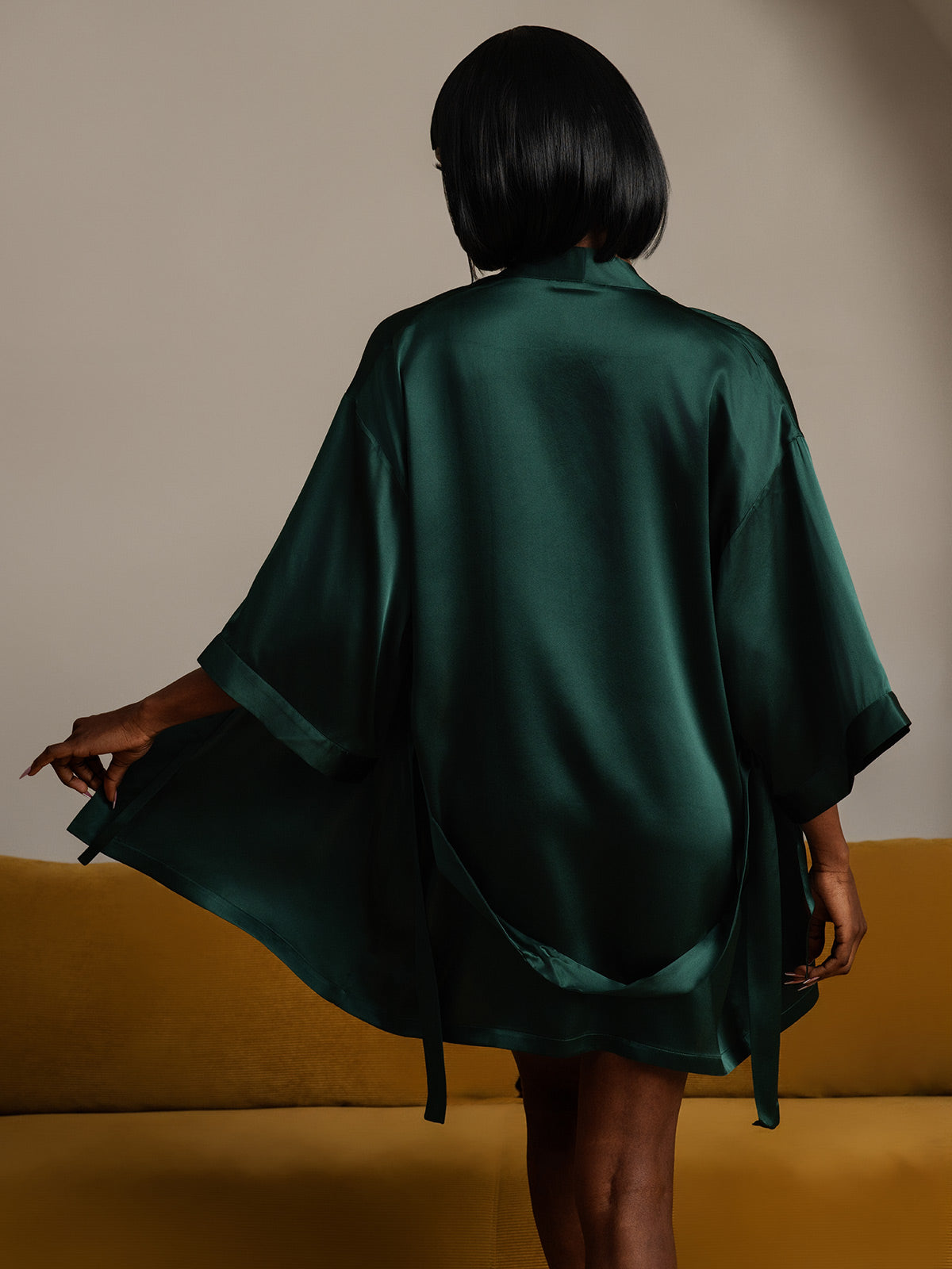 [Mørk Grønn] SilkSilky-NO Pure Silk Half Sleeve Womens Robe 002