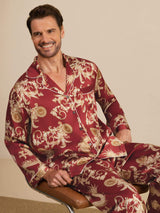 [Vinrød Drage] SilkSilky-NO Long Sleeve Lapel Collar Pyjamas for menn 007