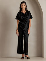[Svart] SilkSilky-NO Short Sleeve Cowl Neck Damebluser 004